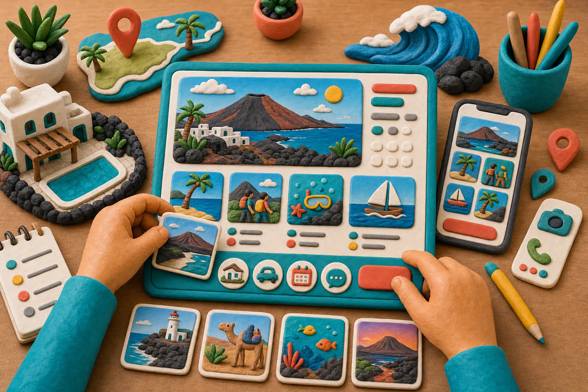 Escena estilo plastilina de planificación UX para una web turística como Alohey