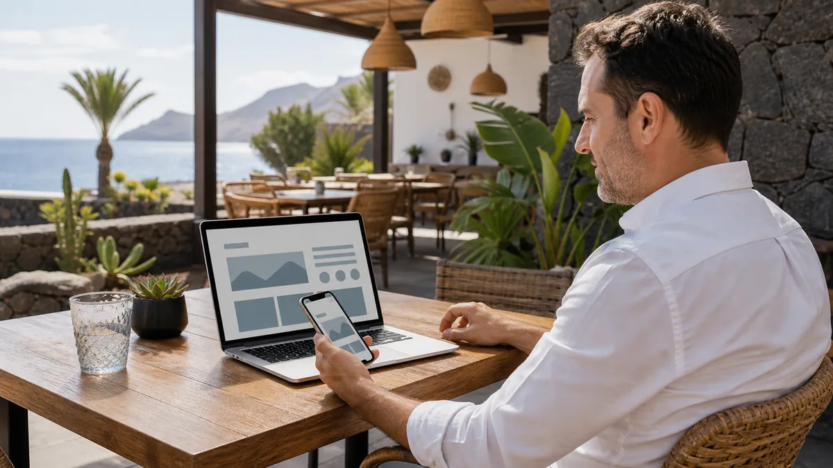 Diseño web para restaurantes en Lanzarote con ordenador y móvil en una terraza local