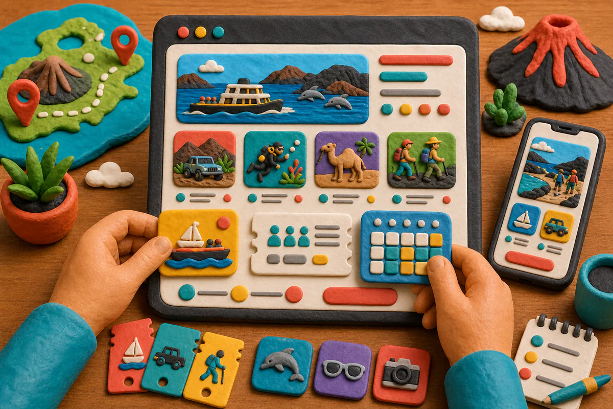 Escena estilo plastilina de planificación UX para una web de excursiones y tickets