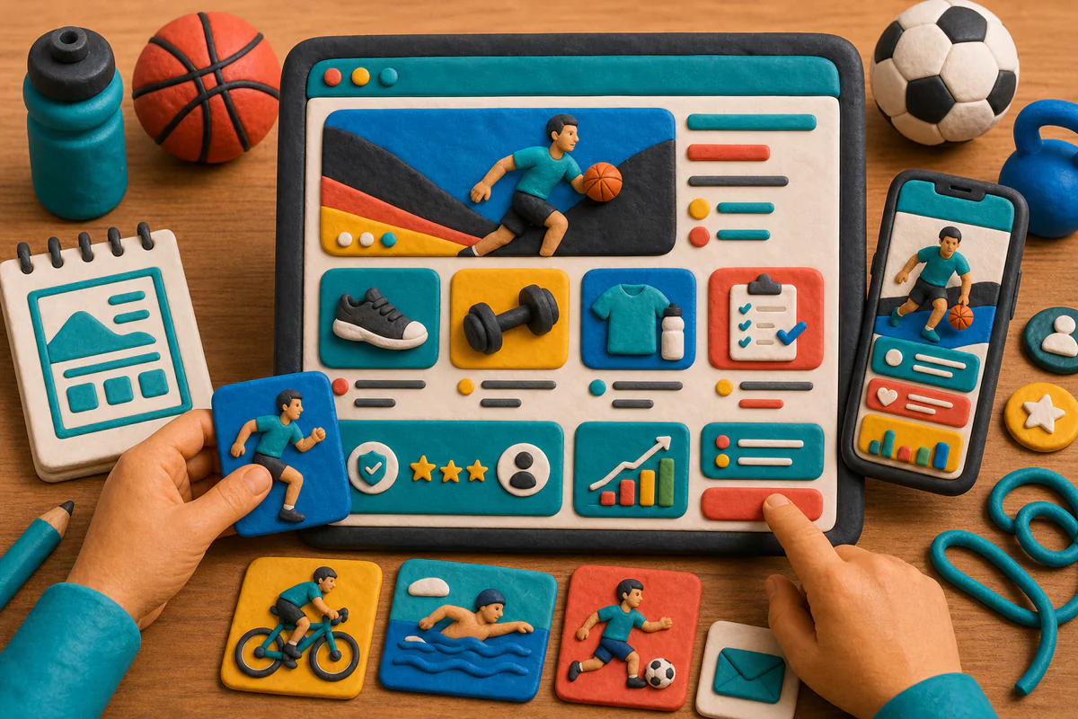 Escena estilo plastilina de planificación UX para una web deportiva