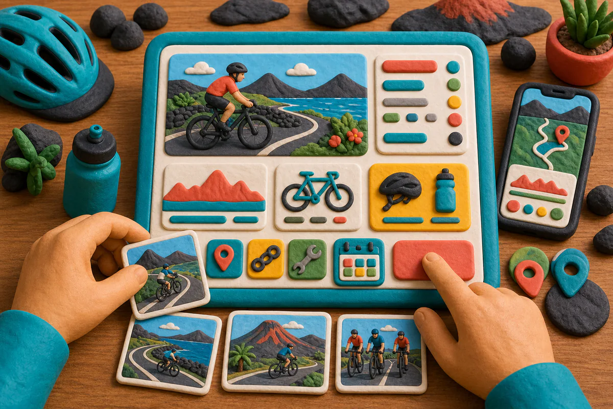 Escena estilo plastilina de planificación UX para una web de ciclismo
