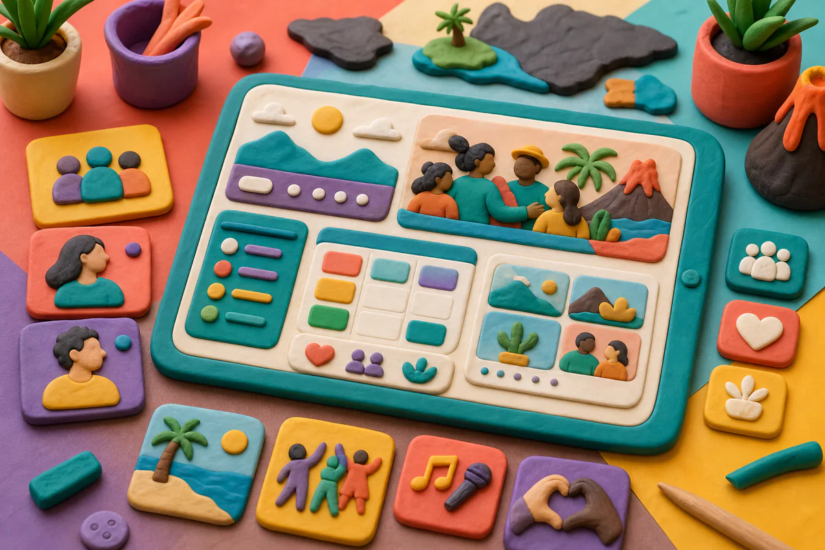 Escena estilo plastilina de planificación de una web para club social en Lanzarote