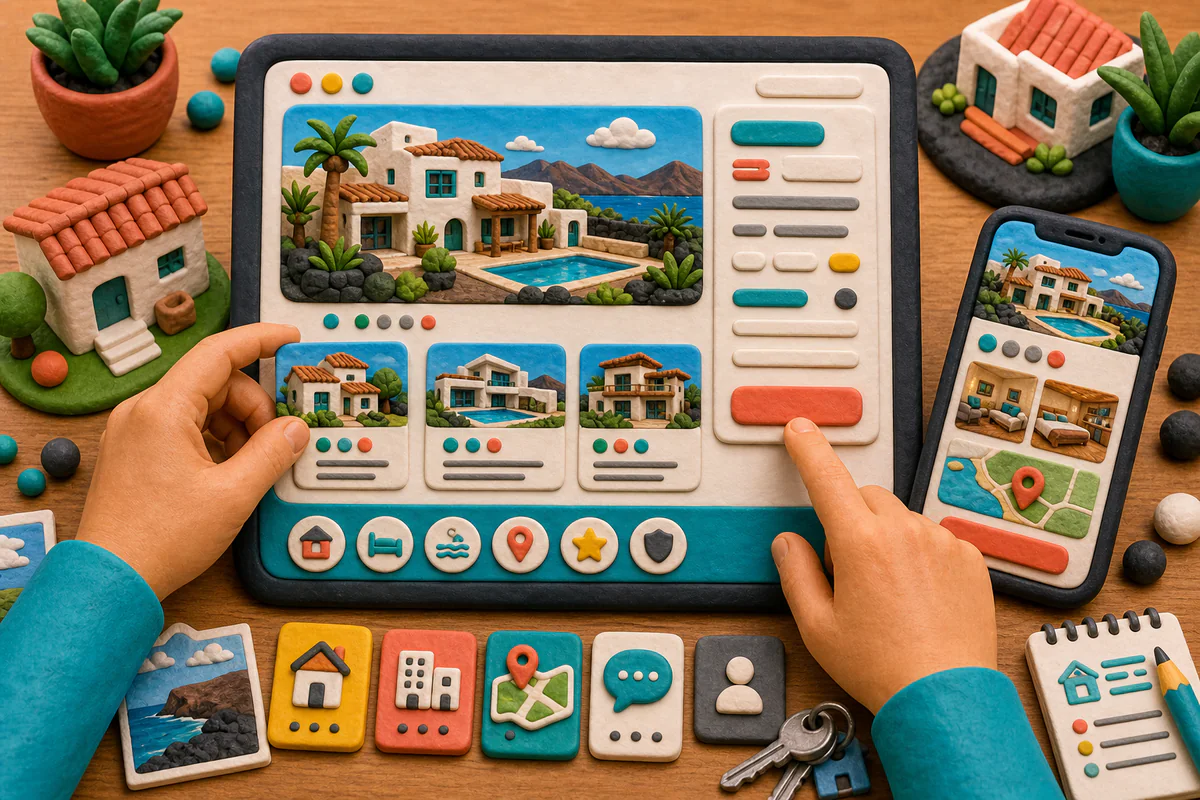 Escena estilo plastilina de planificación UX para una web inmobiliaria o de alojamientos