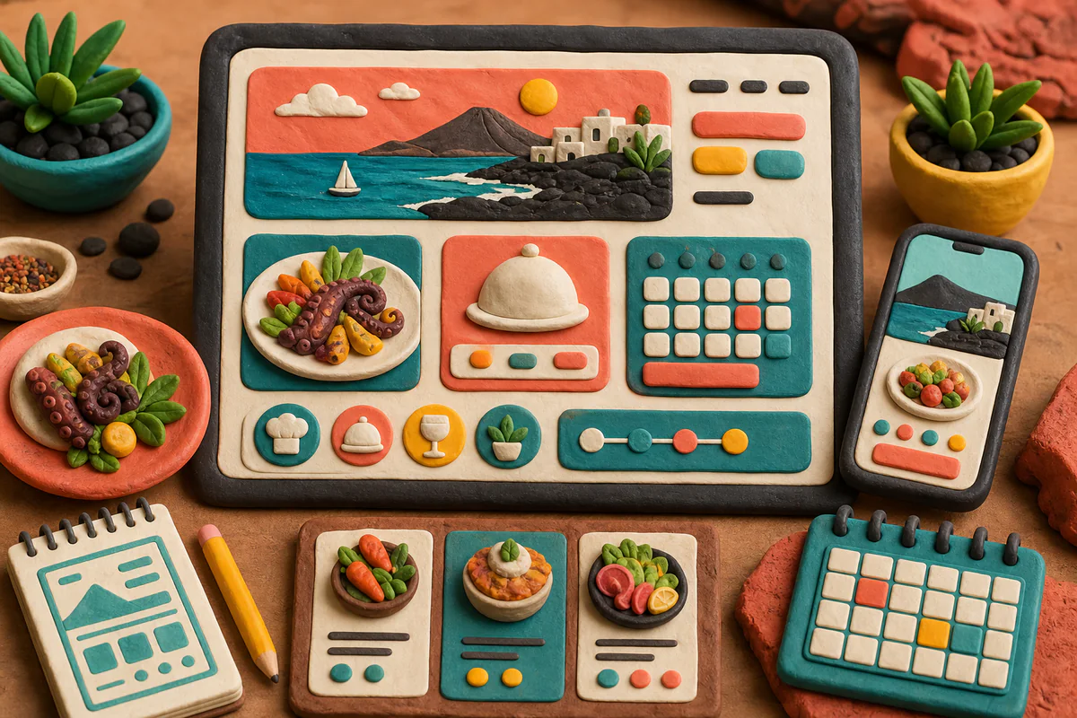 Escena estilo plastilina de diseño de una web para restaurante en Lanzarote