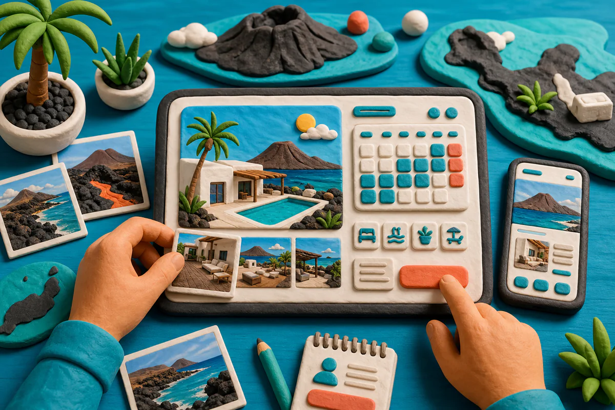 Escena estilo plastilina de diseño de una web de reservas para villas en Lanzarote