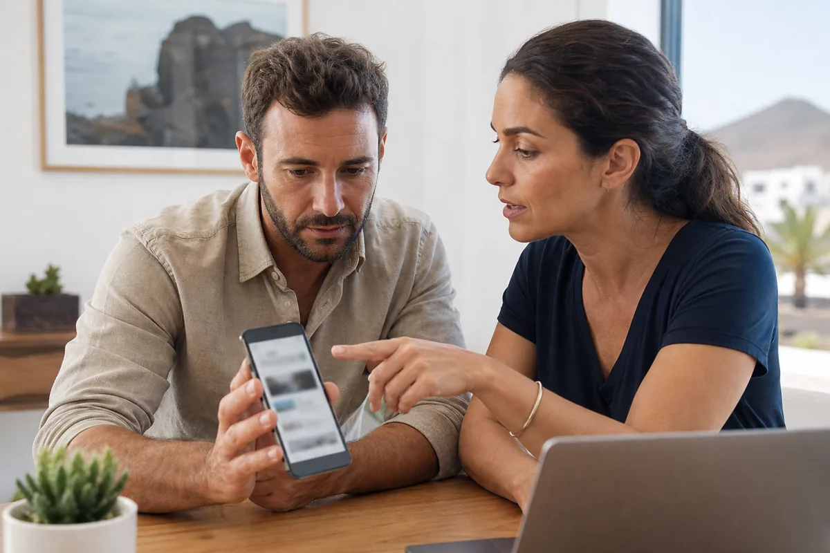 Consultora revisando una web móvil con un negocio local de Lanzarote
