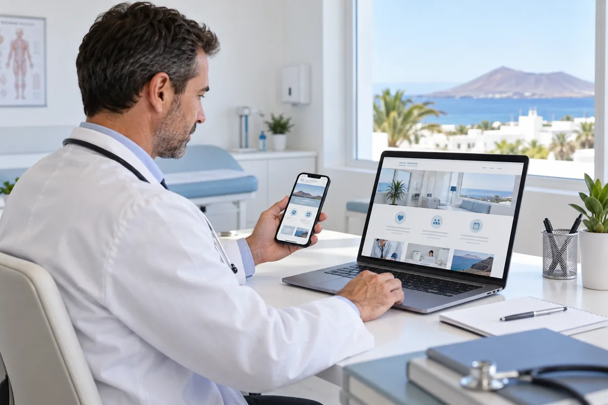 Profesional sanitario revisando web móvil de clínica en Lanzarote