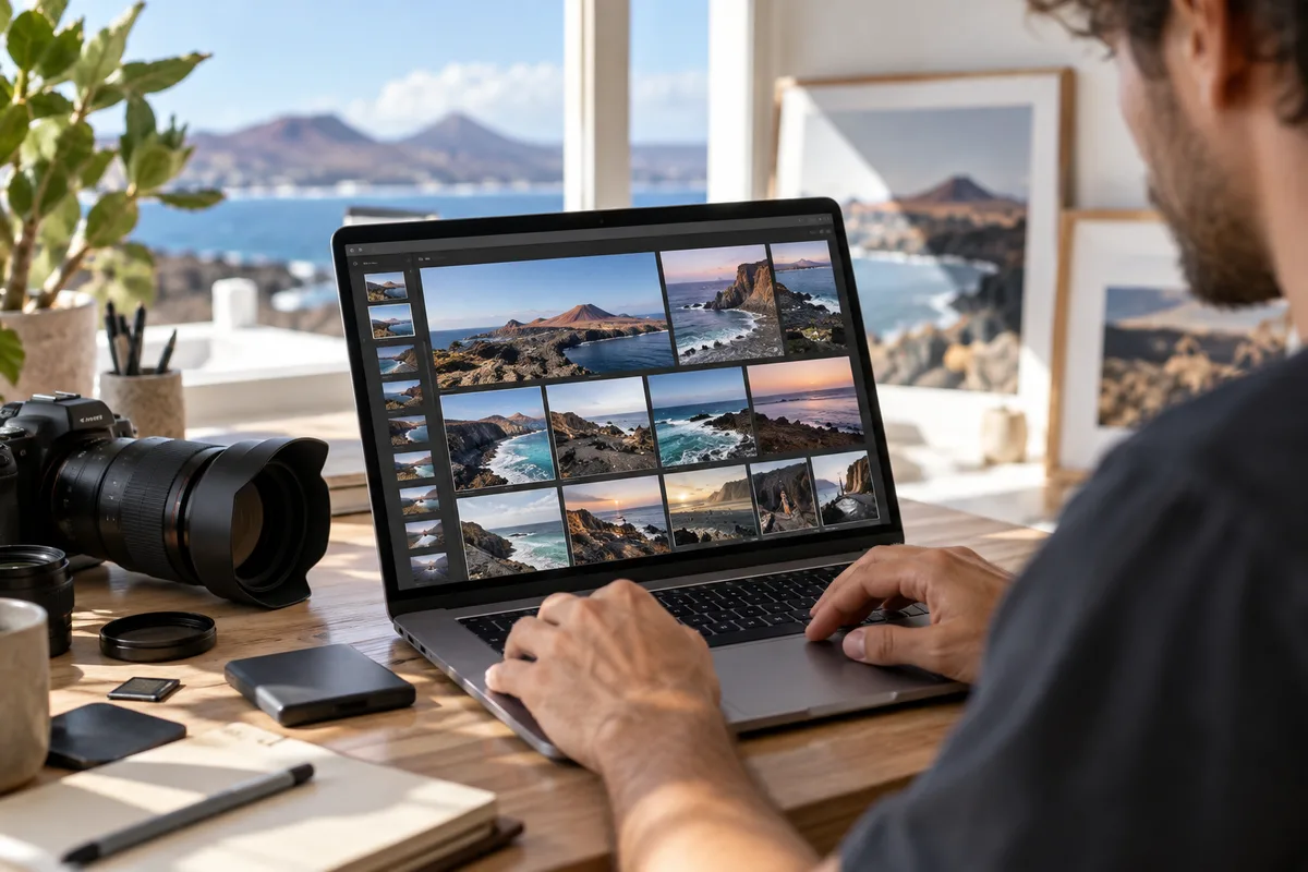 Fotógrafo revisando una galería profesional de Lanzarote en su ordenador