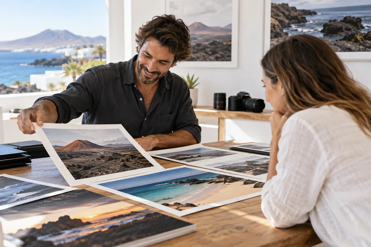 Fotógrafo mostrando su portfolio de Lanzarote a una clienta